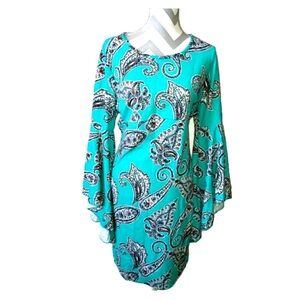 Cato L turquoise paisley bell sleeve dress, imperial waist, flattering on all
